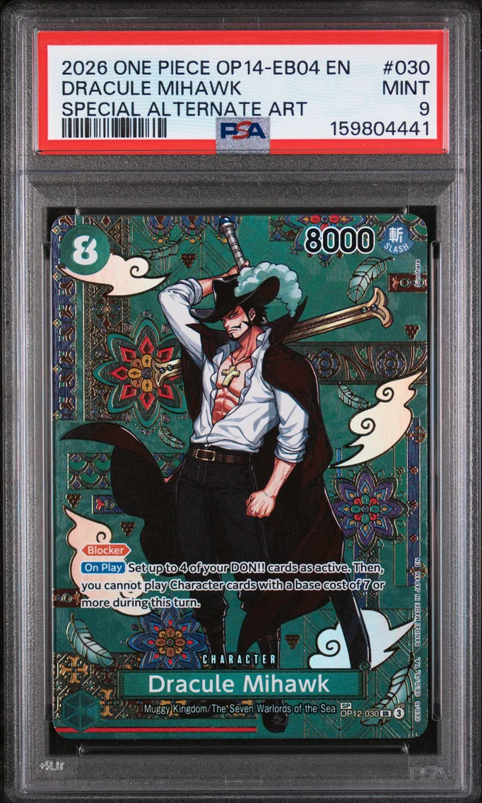2026 #030 Dracule Mihawk PSA 9 One Piece OP14-EB04-the Azure Sea's Seven