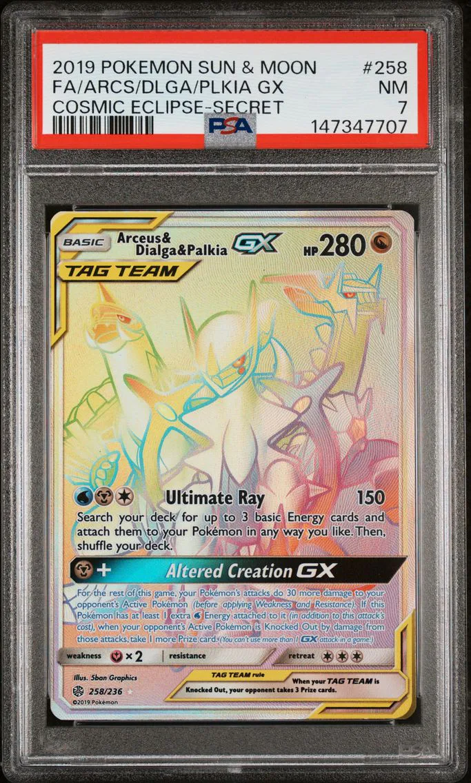 2019 #258 Full Art/Arceus & Dialga & Palkia GX PSA 7 Sun & Moon Cosmic Eclipse Pokemon