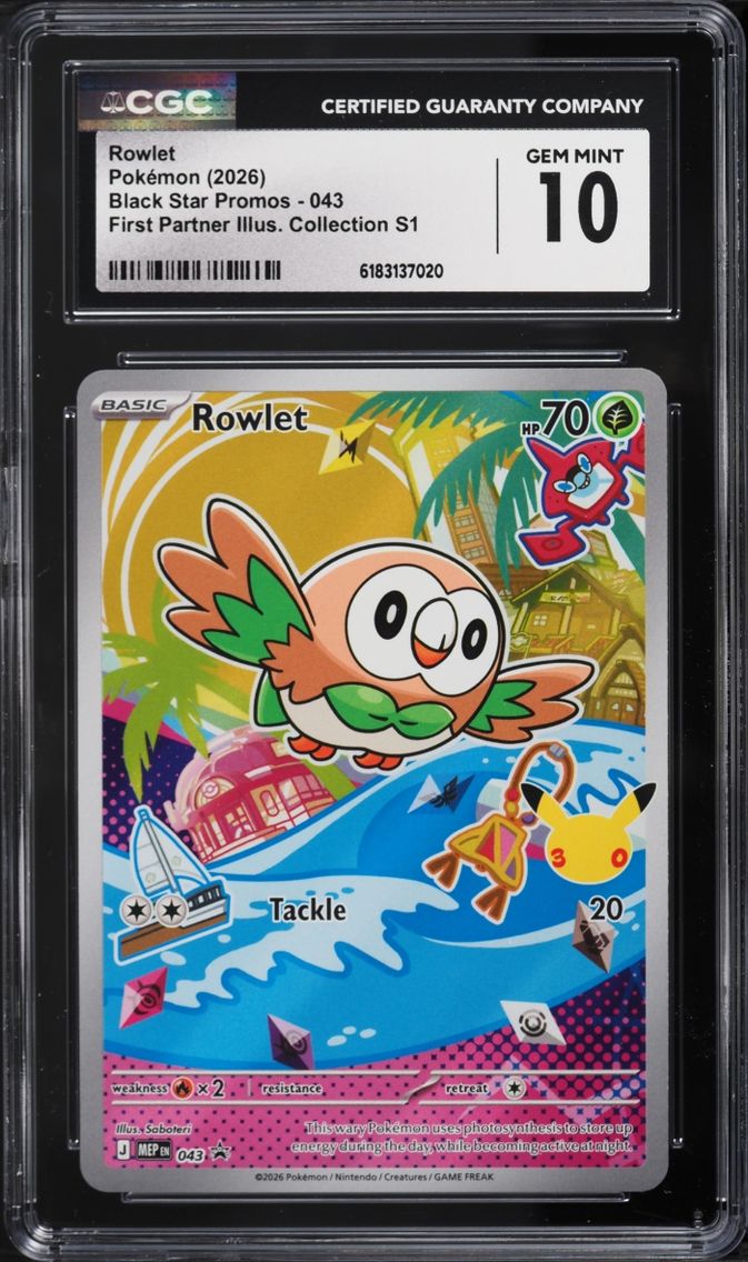 2026 Pokemon Mega Promo First Partner Illustration S1 Full Art Rowlet #43 CGC 10 GEM MINT