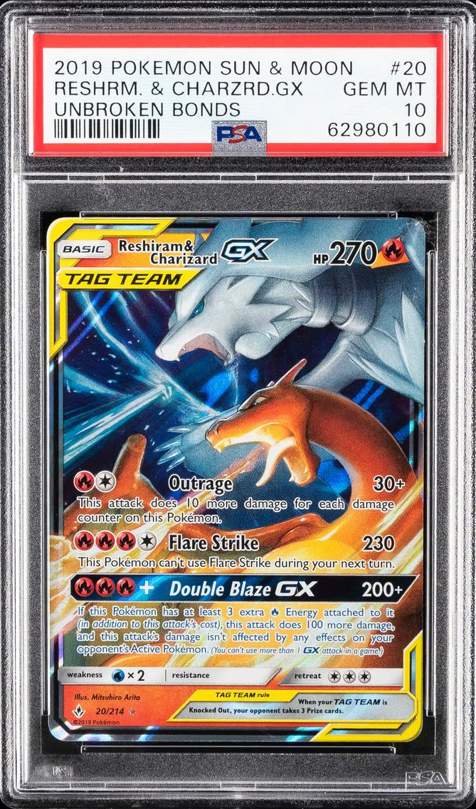 2019 #20 Reshiram & Charizard GX PSA 10 Sun & Moon Unbroken Bonds Pokemon
