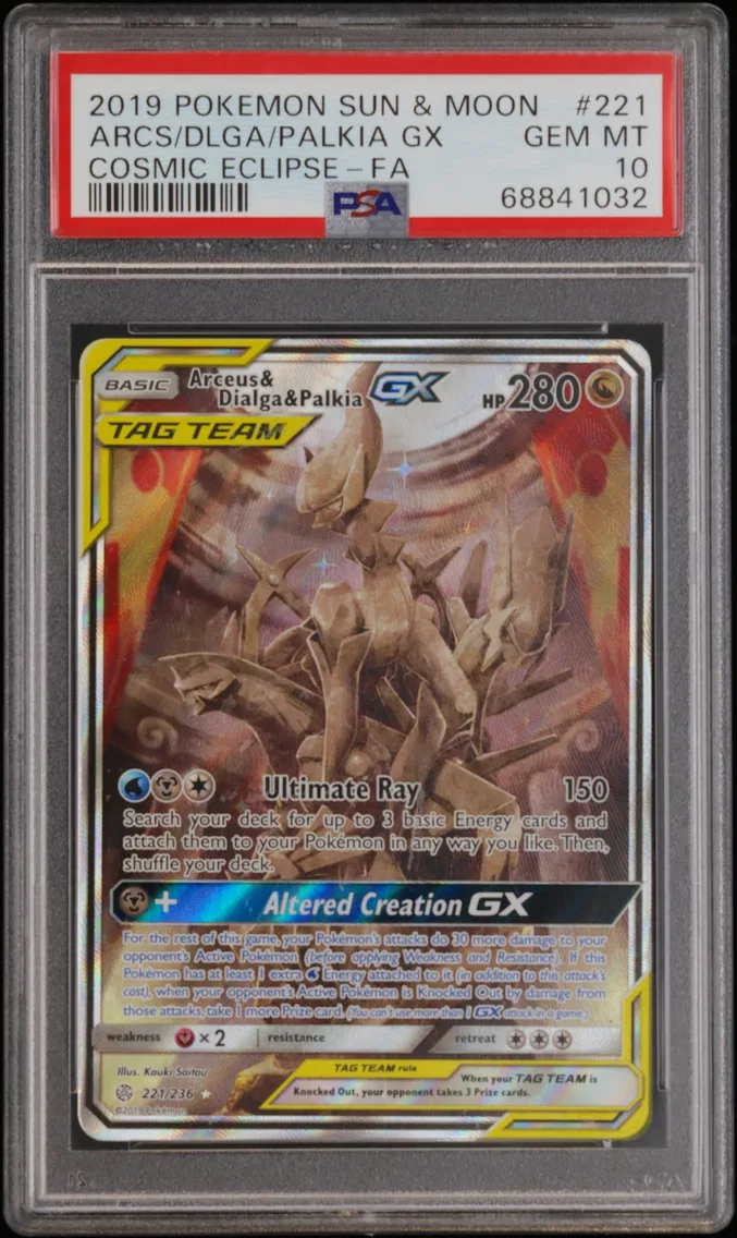 2019 #221 Full Art/Arceus & Dialga & Palkia GX PSA 10 Sun & Moon Cosmic Eclipse