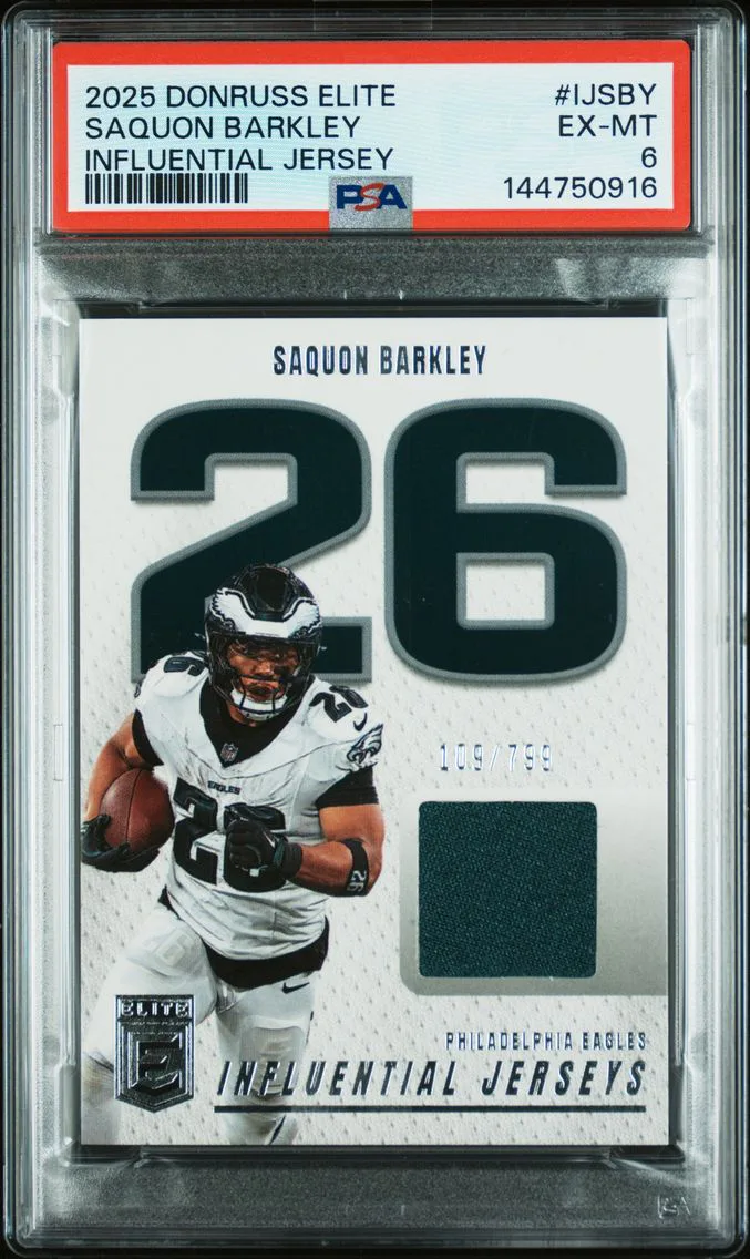 2025 #IJSBY Saquon Barkley PSA 6 Panini Donruss Elite Influential Jerseys