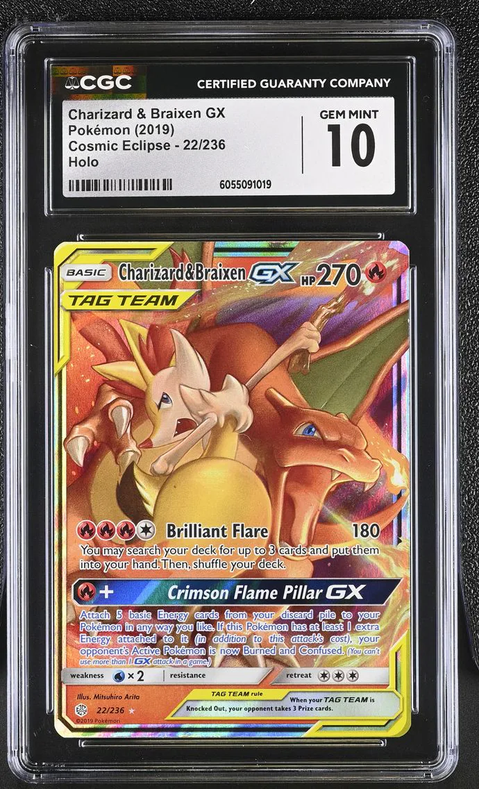 2019 #22 Charizard & Braixen GX CGC 10 Cosmic Eclipse - English