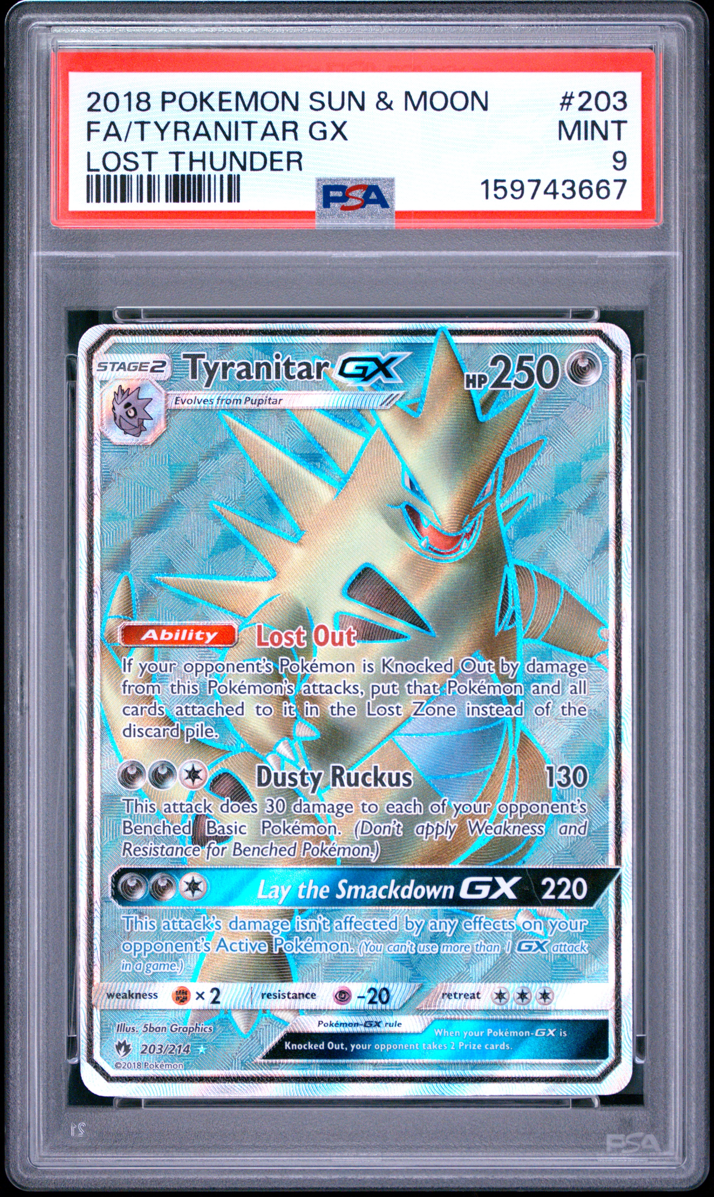 2018 #203 Full Art/Tyranitar Gx PSA 9 Sun & Moon Lost Thunder