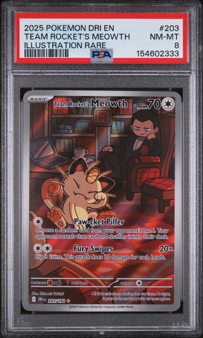 2025 #203 Team Rocket's Meowth PSA 8 Dri EN-Destined Rivals