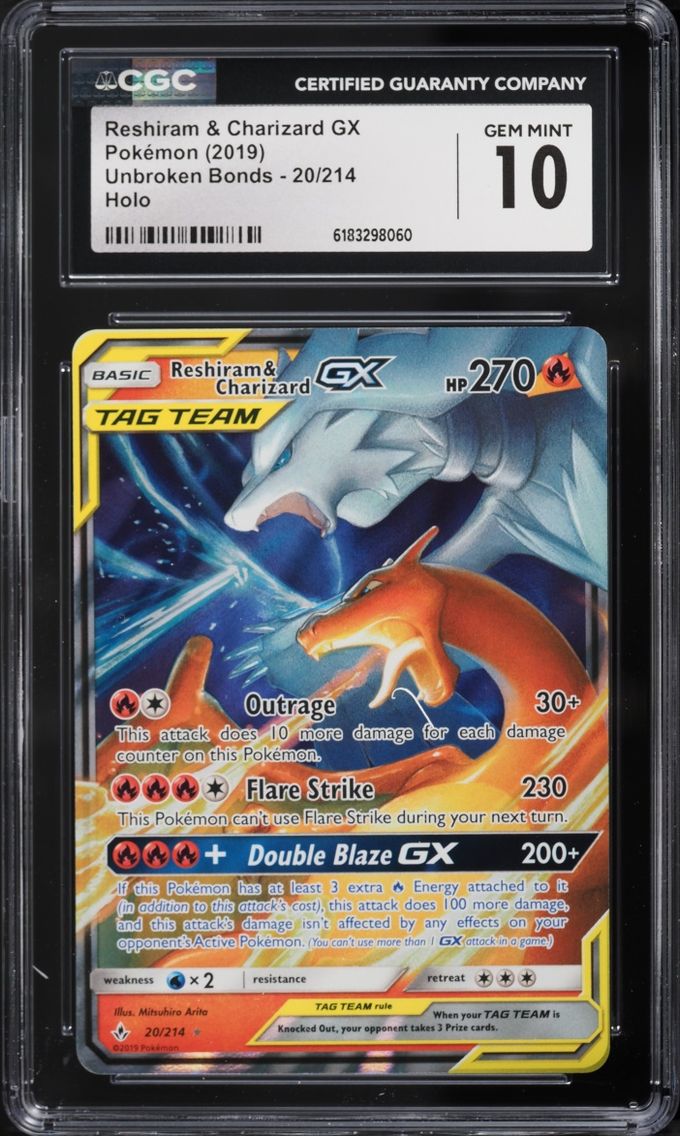 2019 Pokemon Sun & Moon Unbroken Bonds Holo Reshiram & Charizard GX #20 CGC 10 GEM MINT