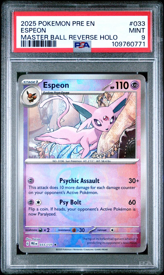 2025 #033 Espeon Master Ball Reverse Holo PSA 9 Pre EN-Prismatic Evolutions Pokemon