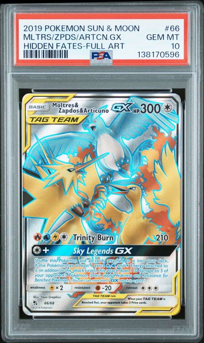 2019 #66 Full Art/Moltres & Zapdos & Articuno GX PSA 10 Sun & Moon Hidden Fates