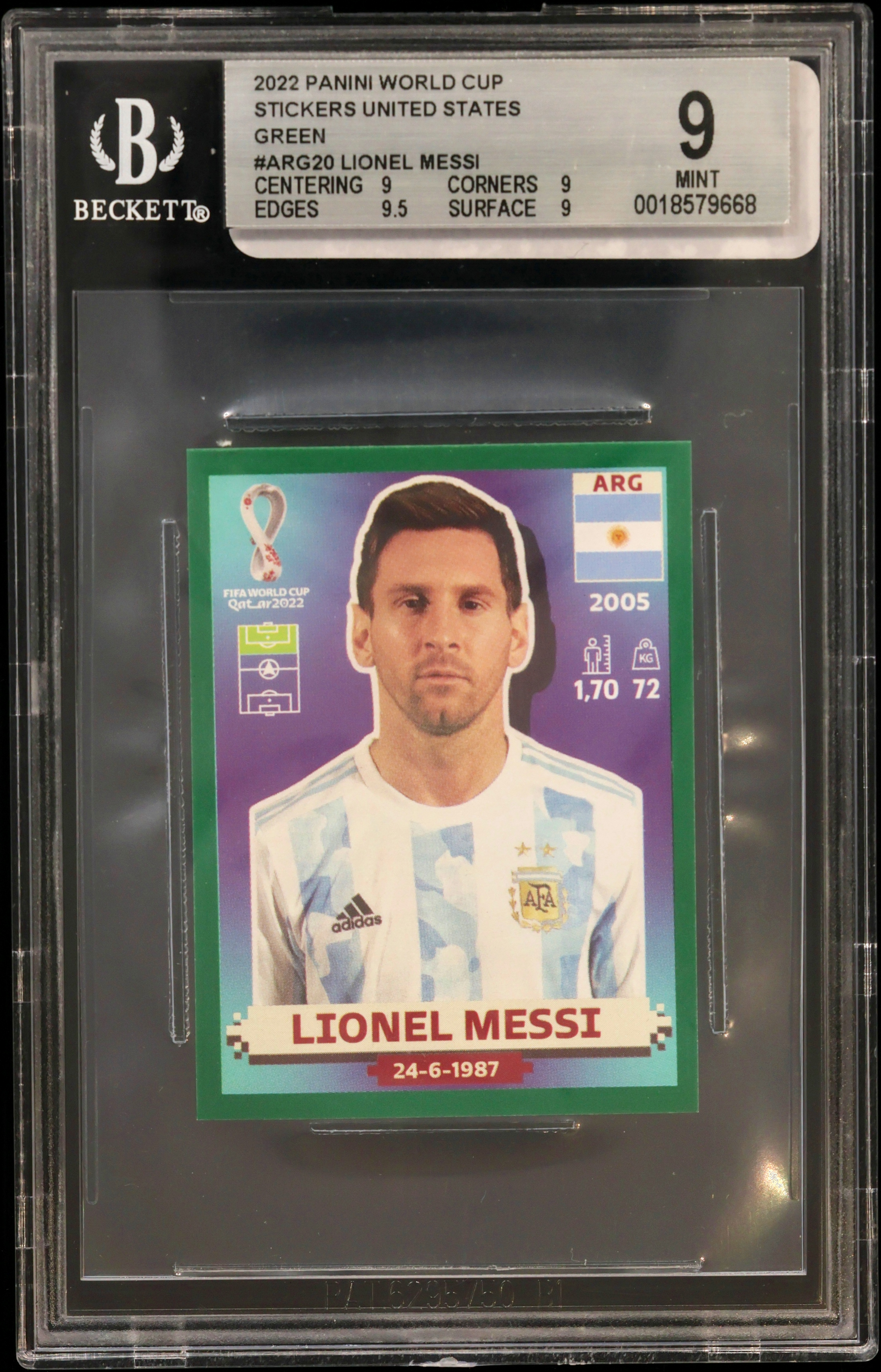 2022 #Arg20 Lionel Messi BGS 9 Panini World Cup Stickers United States Green