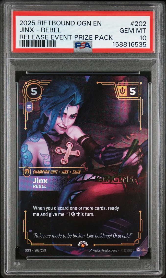 2025 #202 Jinx - Rebel PSA 10 Riftbound: League of Legends Ogn-Origins