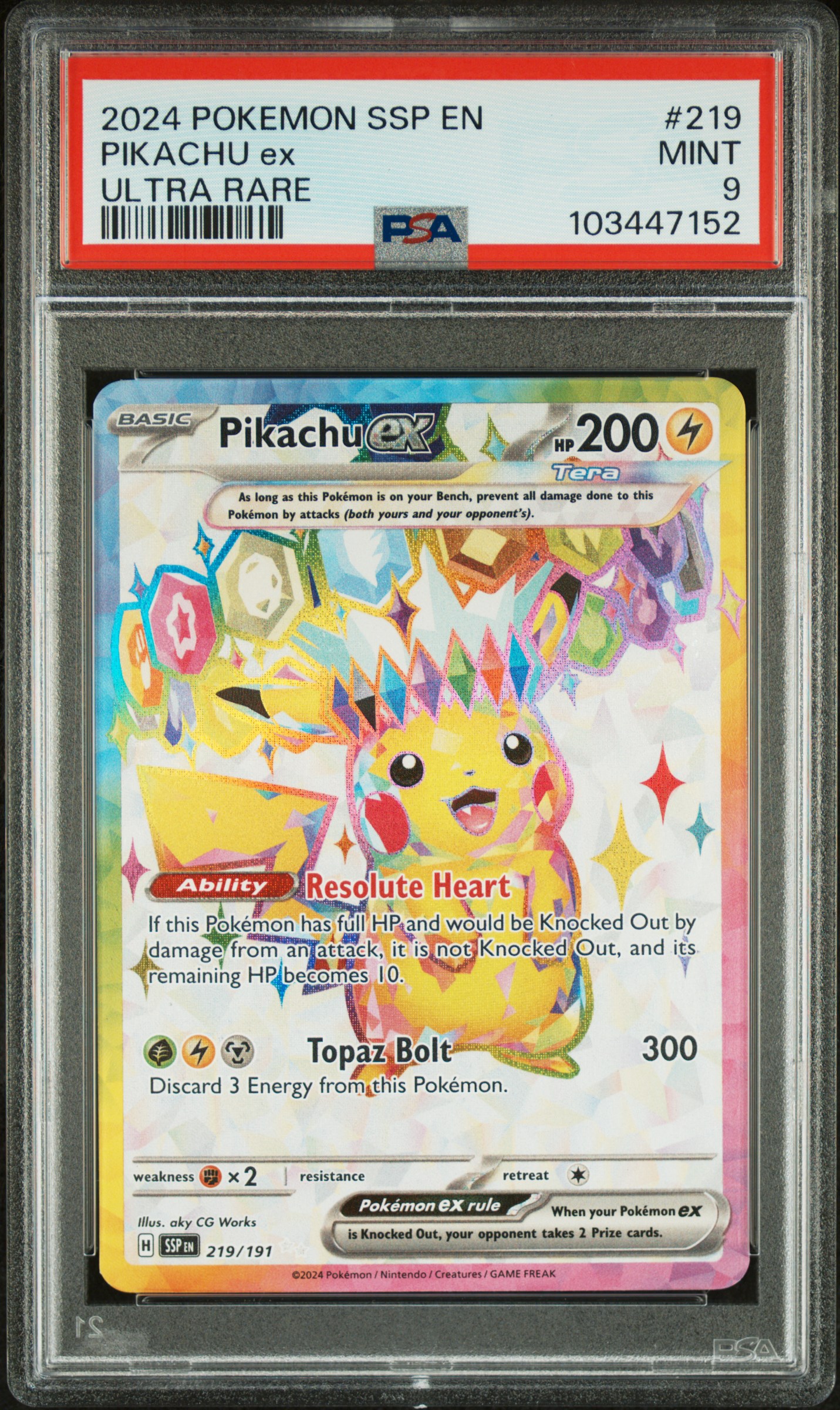 2024 #219 Pikachu Ex PSA 9 Ssp En-Surging Sparks