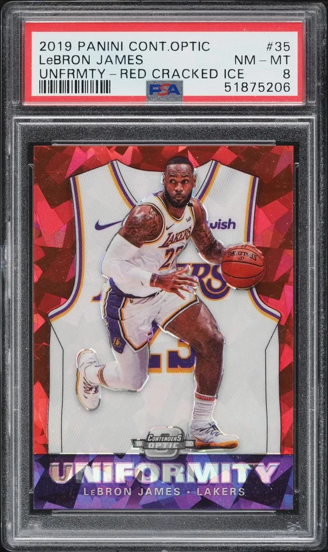 2019 Panini Contenders Optic Uniformity Red Cracked Ice Prizm LeBron James #35 PSA 8 NM-MT
