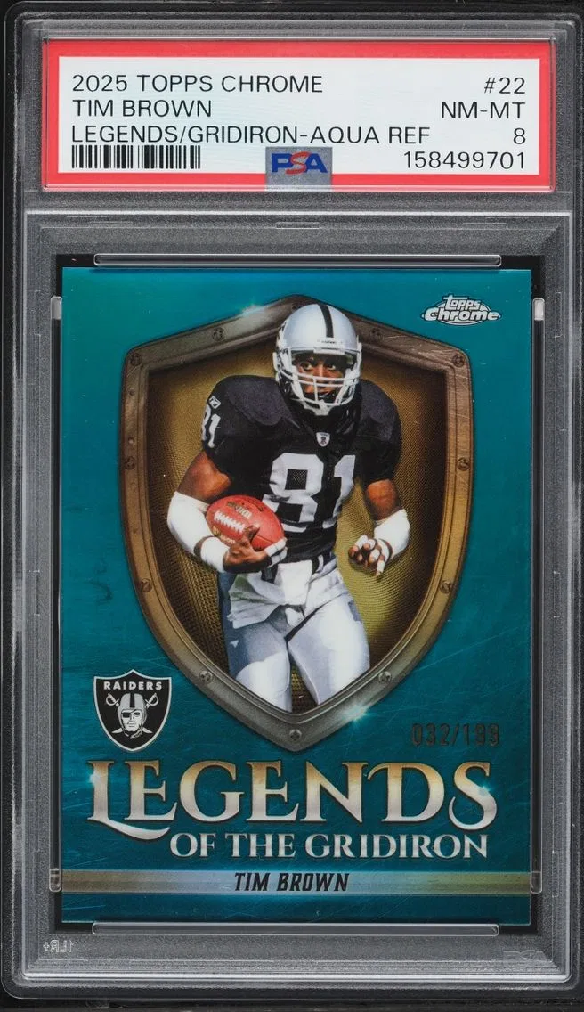 2025 Topps Chrome Legends Of The Gridiron Aqua Refractor Tim Brown /199 #22 PSA 8 NM-MT