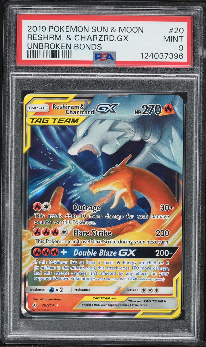 2019 #20 Reshiram & Charizard GX PSA 9 Sun & Moon Unbroken Bonds Pokemon