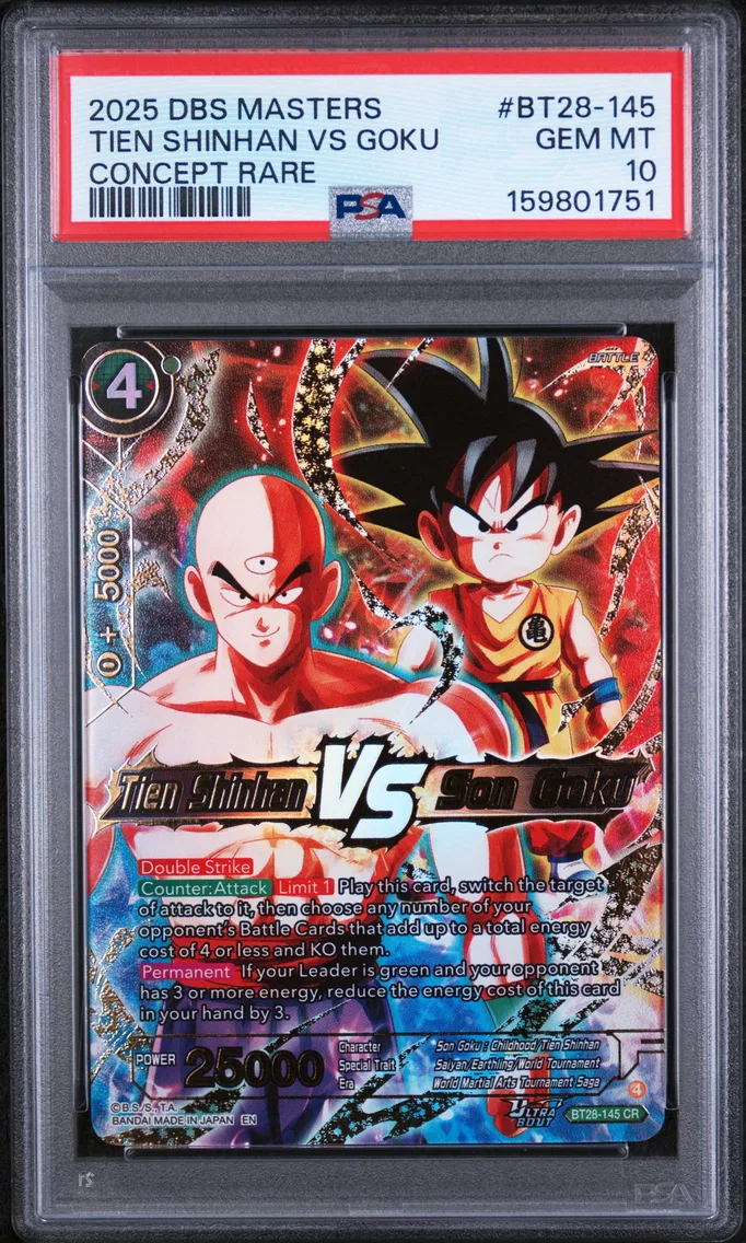 2025 #BT28-145 Tien Shinhan VS Son Goku PSA 10 Dragon Ball Super Card Game Masters Series 28 Prismatic Clash