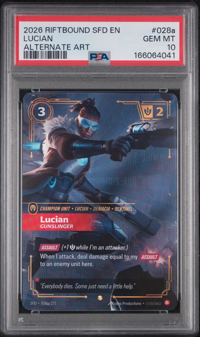 2026 #028a Lucian - Gunslinger PSA 10 Riftbound: League of Legends Sfd-Spiritforged