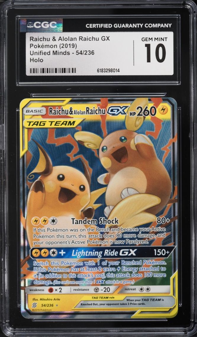 2019 Pokemon Sun & Moon Unified Minds Holo Raichu & Alolan Raichu GX #54 CGC 10 GEM MINT