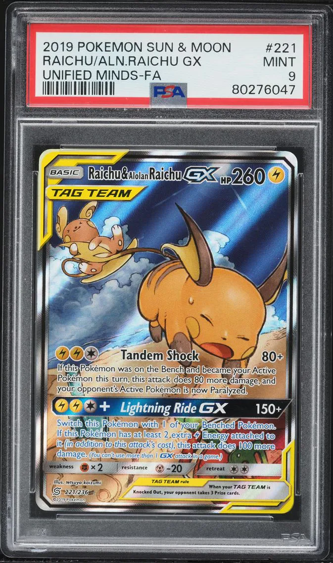 2019 #221 Full Art/Raichu & Alolan Raichu GX PSA 9 Sun & Moon Unified Minds Pokemon