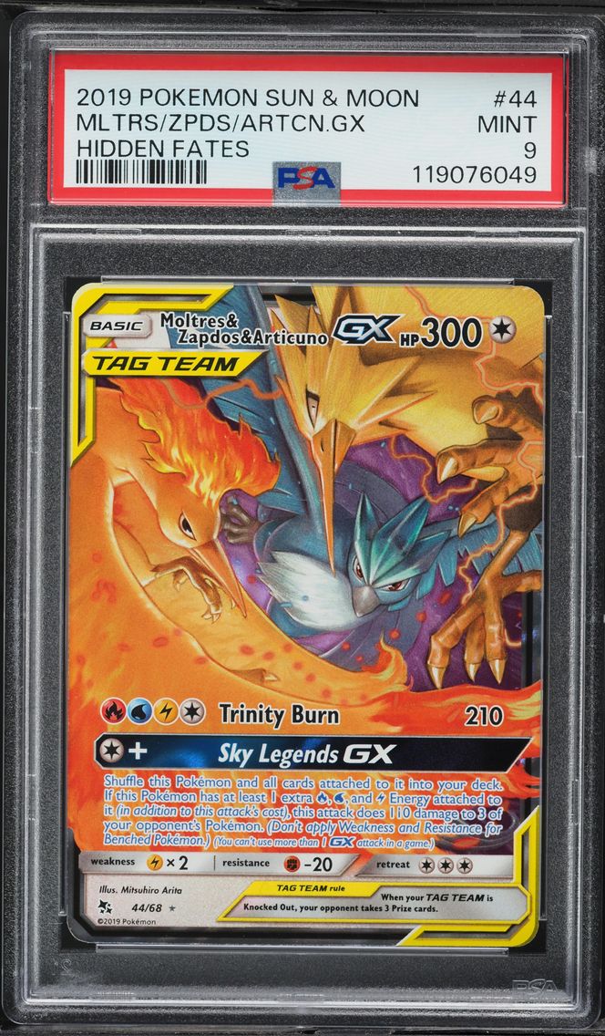 2019 #44 Moltres & Zapdos & Articuno GX PSA 9 Sun & Moon Hidden Fates Pokemon