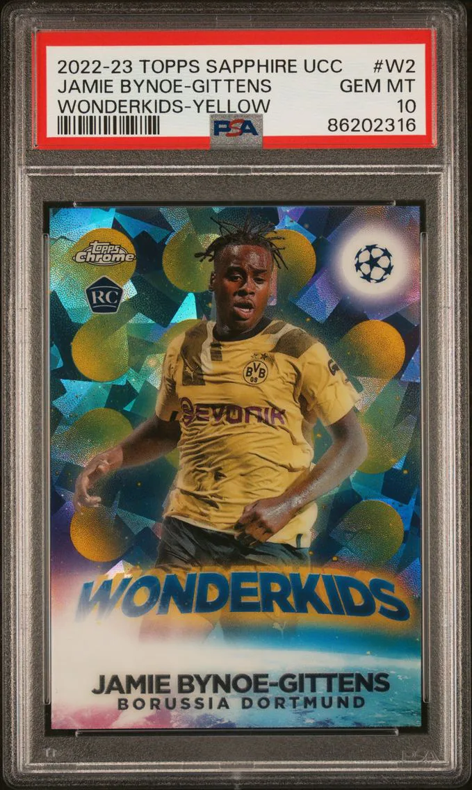2022 #W2 Jamie Bynoe-Gittens PSA 10 Yellow Topps Chrome Sapphire Edition UEFA Club Competitions Wonderkids Soccer
