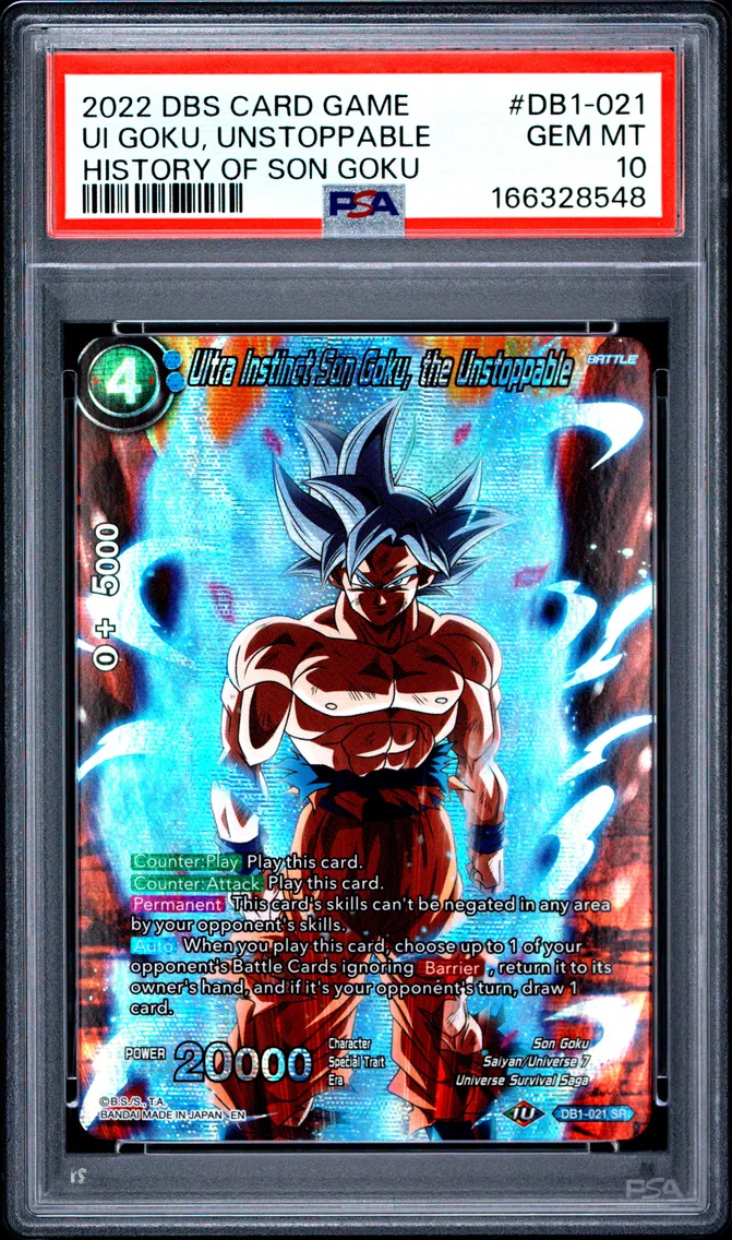 2022 #DB1-021 Ultra Instinct Son Goku, the Unstoppable PSA 10 Dragon Ball Super Card Game Theme Selection History of Son Goku