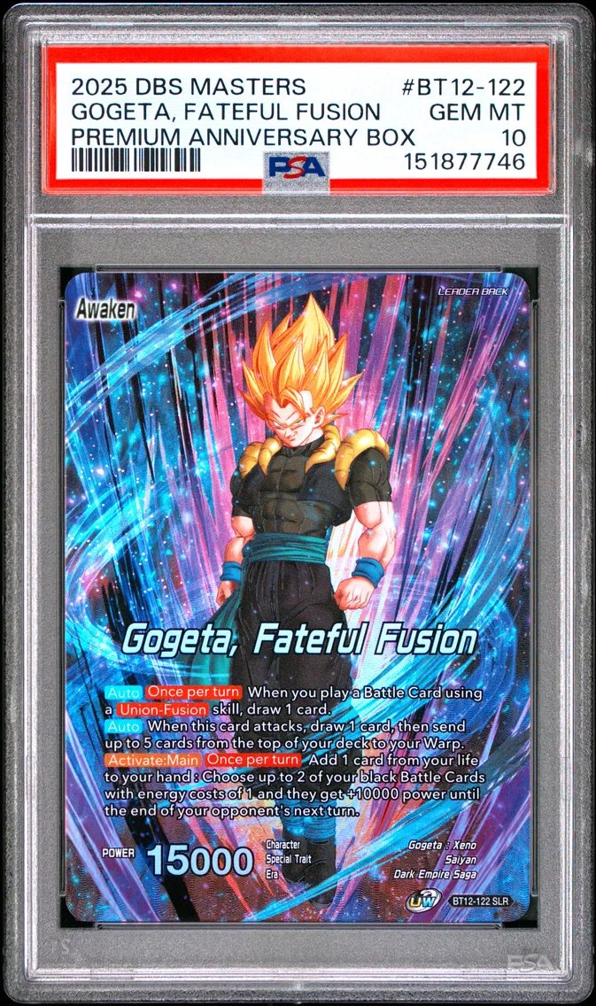 2025 #BT12-122 Gogeta, Fateful Fusion/Son Goku & Vegeta PSA 10 Dragon Ball Super Card Game Masters Premium Anniversary Box