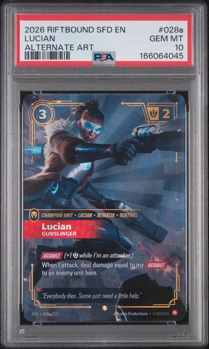 2026 #028a Lucian - Gunslinger PSA 10 Riftbound: League of Legends Sfd-Spiritforged