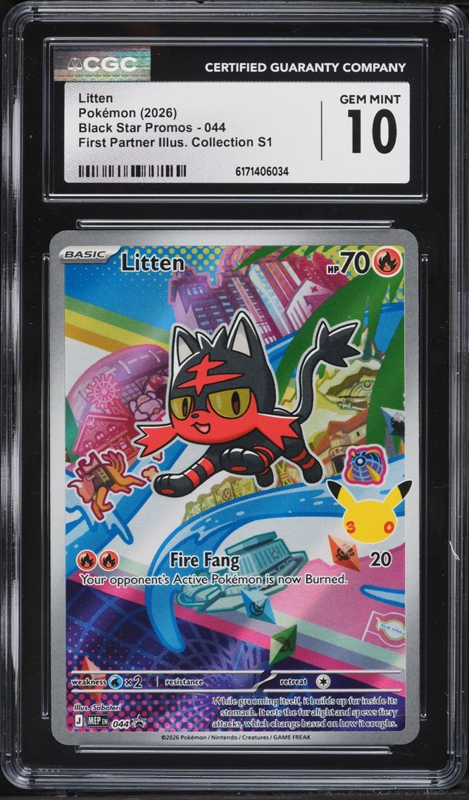 2026 Pokemon Mega Evolution Promo First Partner Illustration S1 Full Art Litten #44 CGC 10 GEM