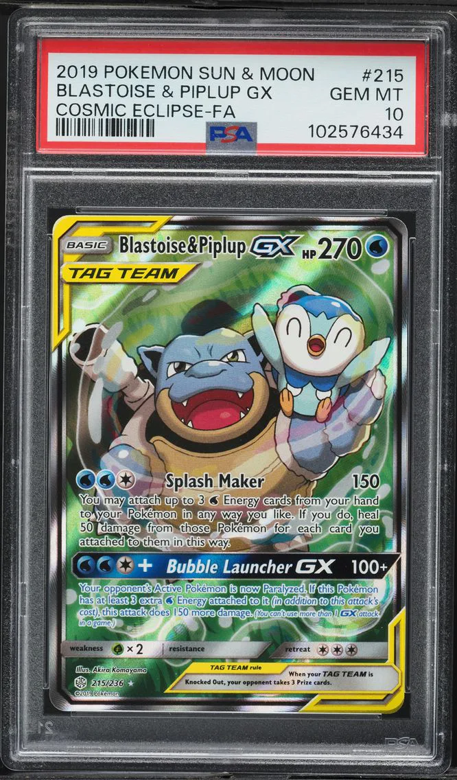 2019 #215 Full Art/Blastoise & Piplup GX PSA 10 Sun & Moon Cosmic Eclipse Pokemon
