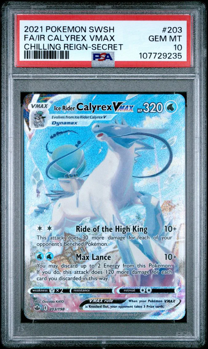 2021 #203 Full Art/Ice Rider Calyrex Vmax PSA 10 Sword & Shield Chilling Reign