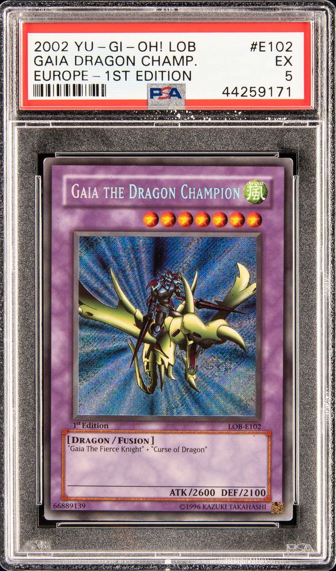 #E102 GAIA THE DRAGON CHAMPION 2002 YU-GI-OH! LOB-LEGEND OF BLUE EYES WHITE DRAGON | 1ST EDITION-EUROPE SECRET RARE PSA 5