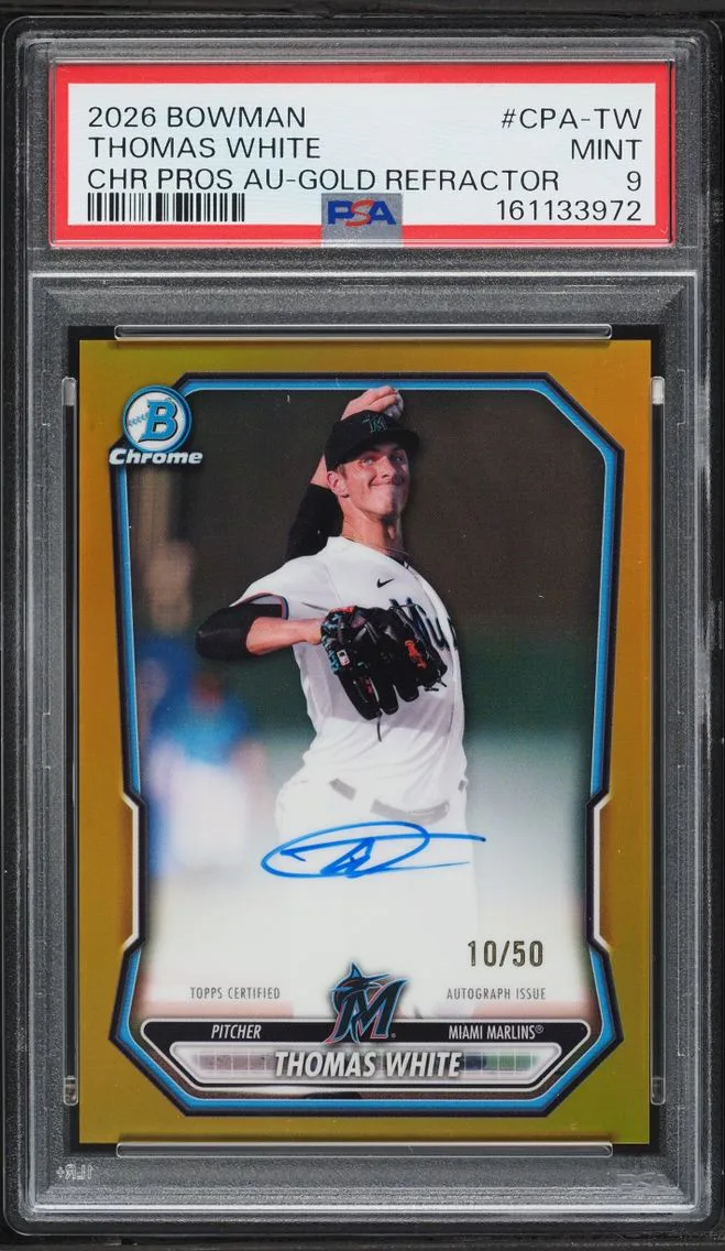 2026 Bowman Chrome Gold Refractor Thomas White PROSPECT AUTO /50 #CPA-TW PSA 9 MINT