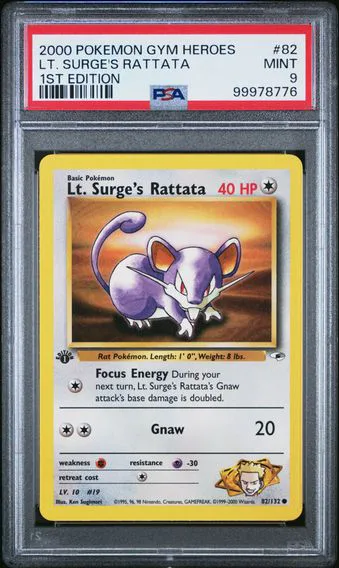 2000 #82 LT. Surge's Rattata 1st Edition PSA 9 Gym Heroes Pokemon