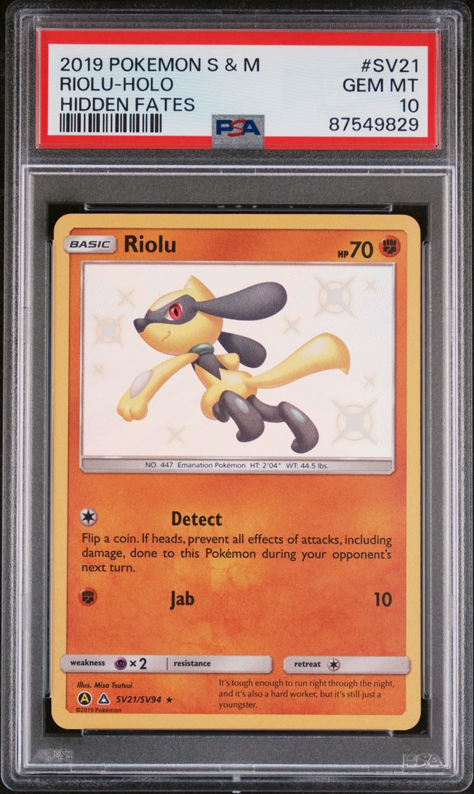 2019 #SV21 Riolu-Holo PSA 10 Sun & Moon Hidden Fates Pokemon