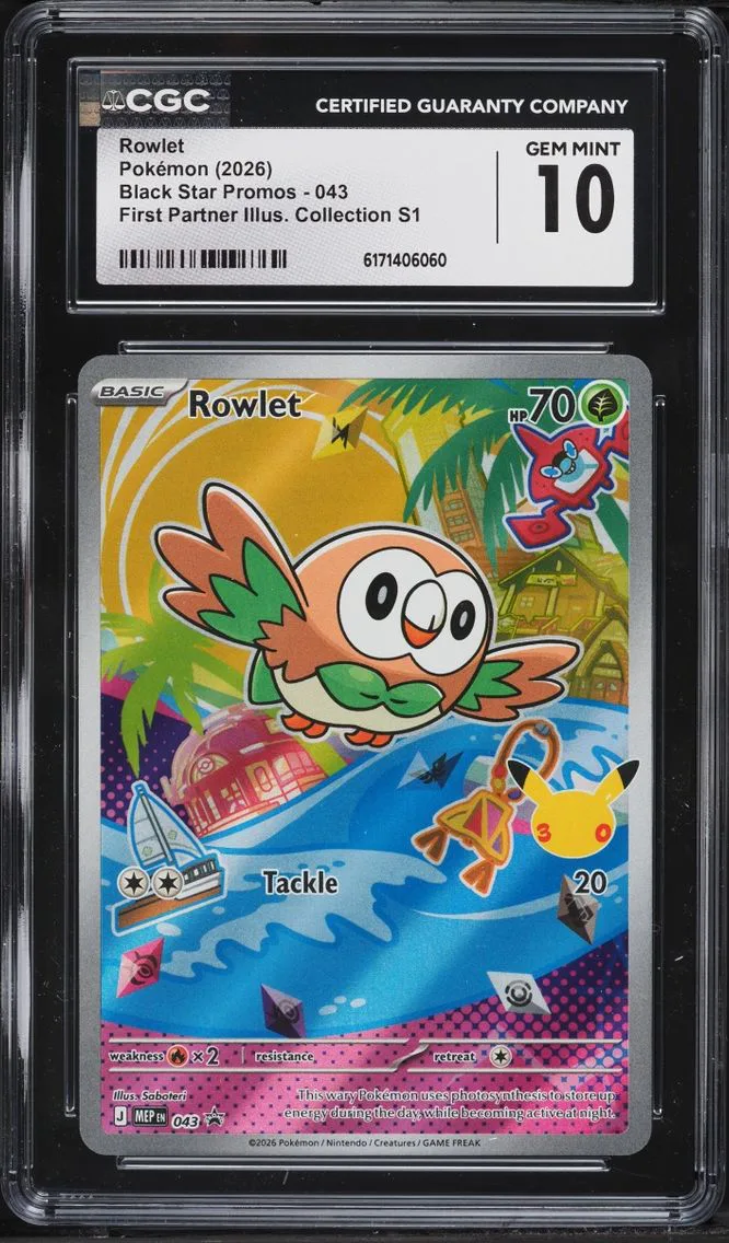 2026 Pokemon Mega Evolution Promo First Partner Illustration S1 Full Art Rowlet #43 CGC 10 GEM