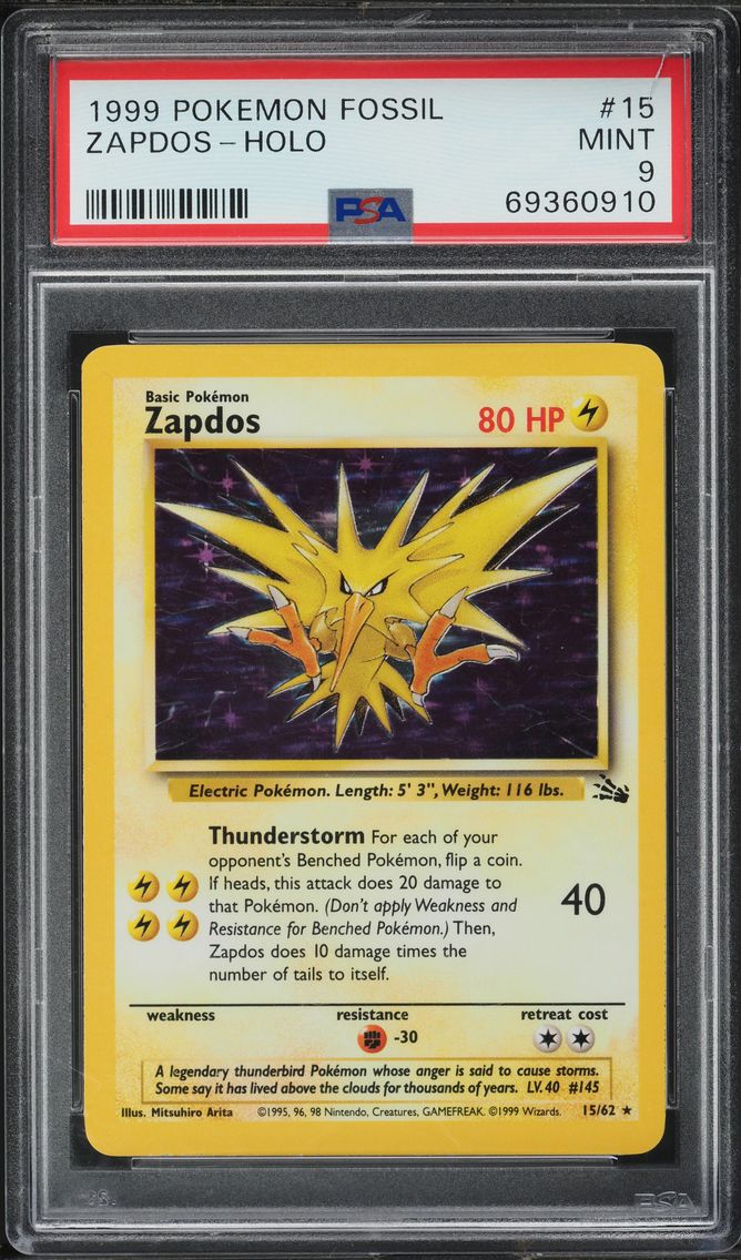 1999 #15 FOSSIL HOLO ZAPDOS PSA 9 POKEMON