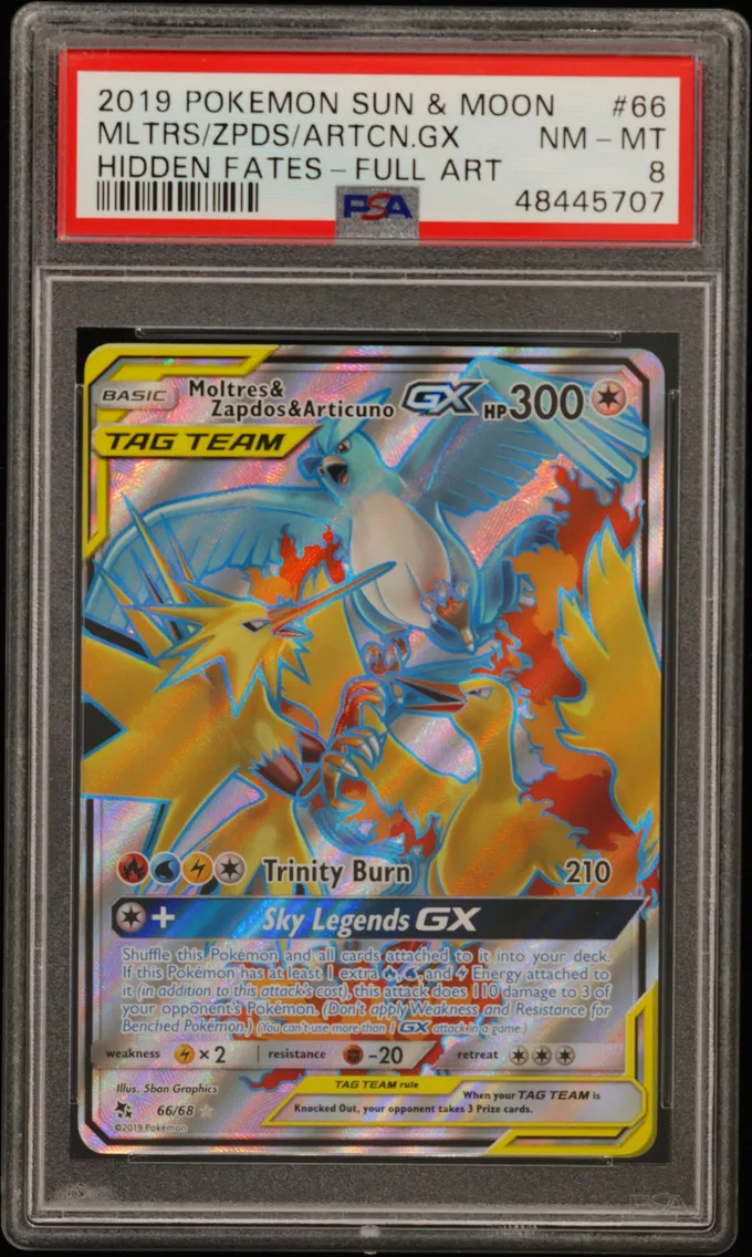 2019 #66 Full Art/Moltres & Zapdos & Articuno GX PSA 8 Sun & Moon Hidden Fates