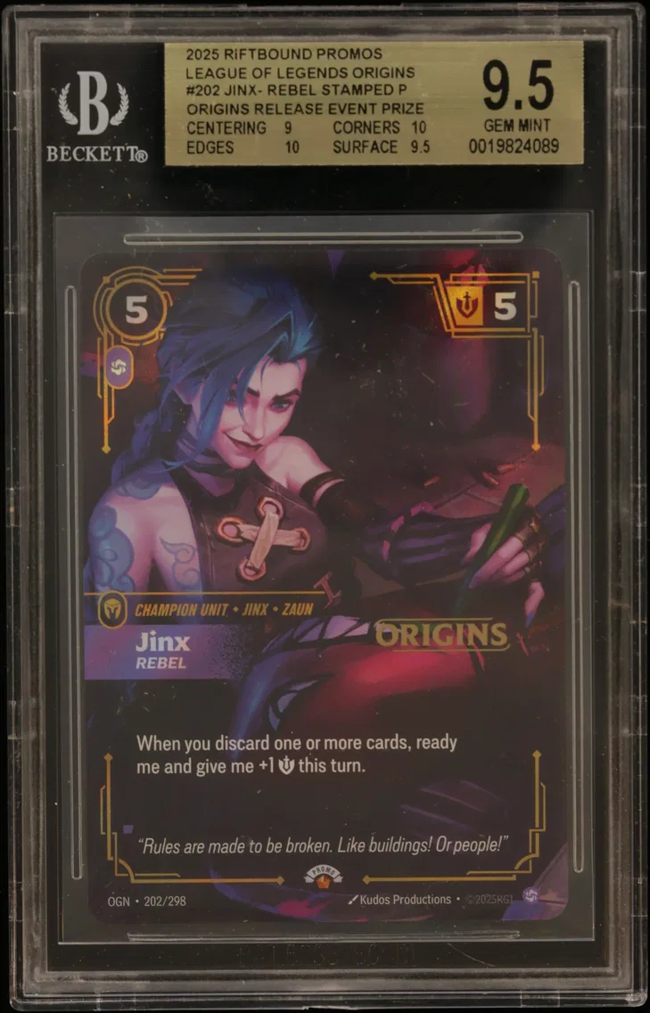2025 #202 Jinx - Rebel STAMP P/(Origins Release Event Prize Pack) BGS 9.5 Riftbound: League of Legends TCG Origins Promos