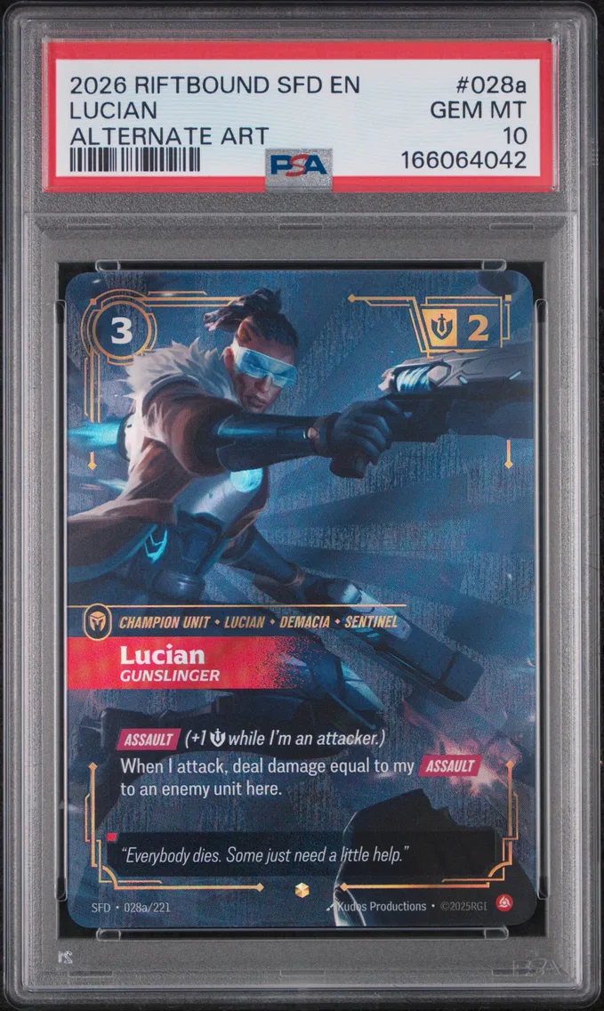 2026 #028a Lucian - Gunslinger PSA 10 Riftbound: League of Legends Sfd-Spiritforged