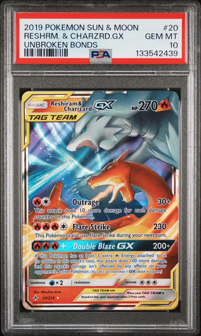 2019 #20 Reshiram & Charizard GX PSA 10 Sun & Moon Unbroken Bonds