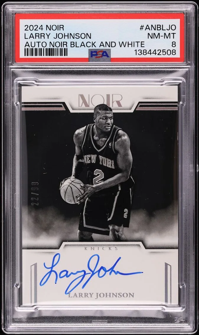 2024 Panini Noir Black & White Larry Johnson AUTO /99 #ANB-LJO PSA 8 NM-MT