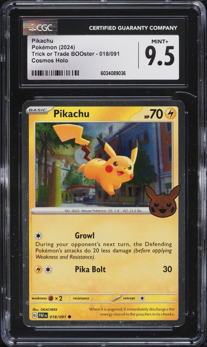 2024 Pokemon Scarlet & Violet Paldean Fates Trick Or Trade Holo Pikachu #18 CGC 9.5 MINT+