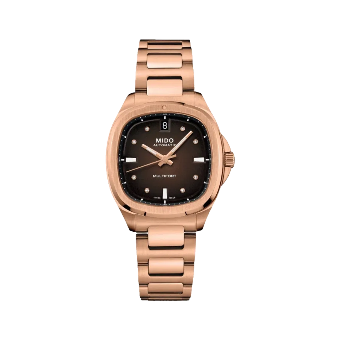 MIDO Multifort TV with Diamonds Rose Gold PVD 35mm - Brown on Bracelet
