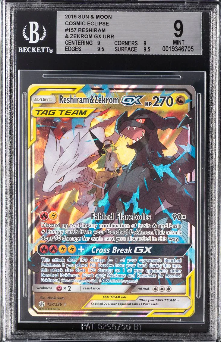 2019 #157 Reshiram & Zekrom GX BGS 9 Sun & Moon Cosmic Eclipse Pokemon