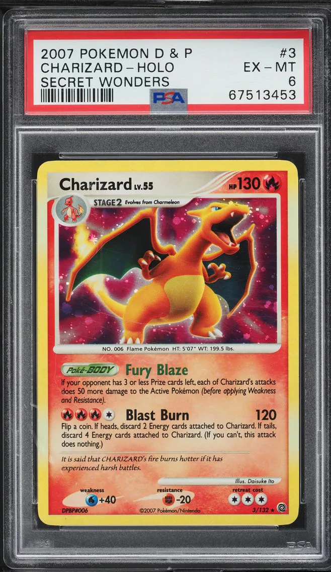 2007 #3 Charizard-Holo PSA 6 Diamond & Pearl Secret Wonders Pokemon
