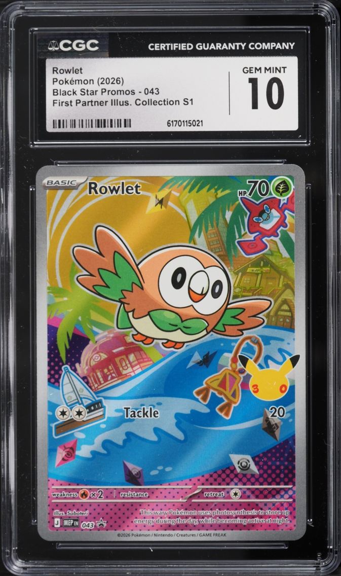 2026 Pokemon Mega Evolution Promo First Partner Illustration S1 Full Art Rowlet #43 CGC 10 GEM