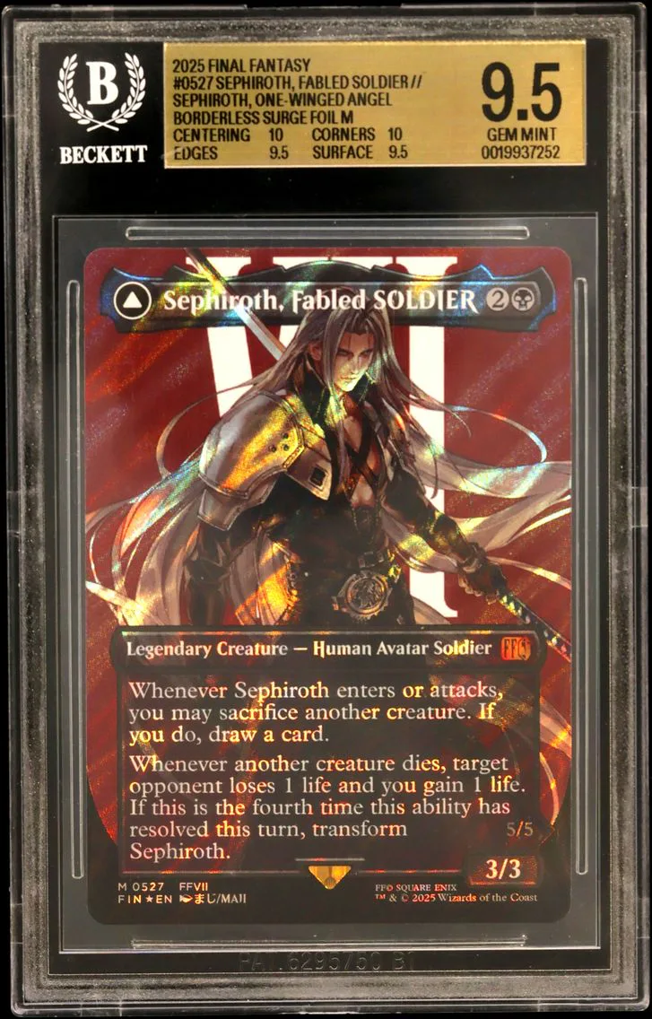 2025 #0527 Sephiroth, Fabled SOLDIER // Sephiroth, One-Winged Angel BORDERLESS SURGE FOIL M BGS 9.5 Magic The Gathering Final Fantasy