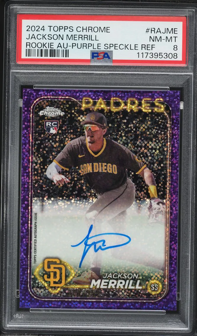 2024 #RAJME Jackson Merrill PSA 8 Topps Chrome Rookie Autographs Baseball
