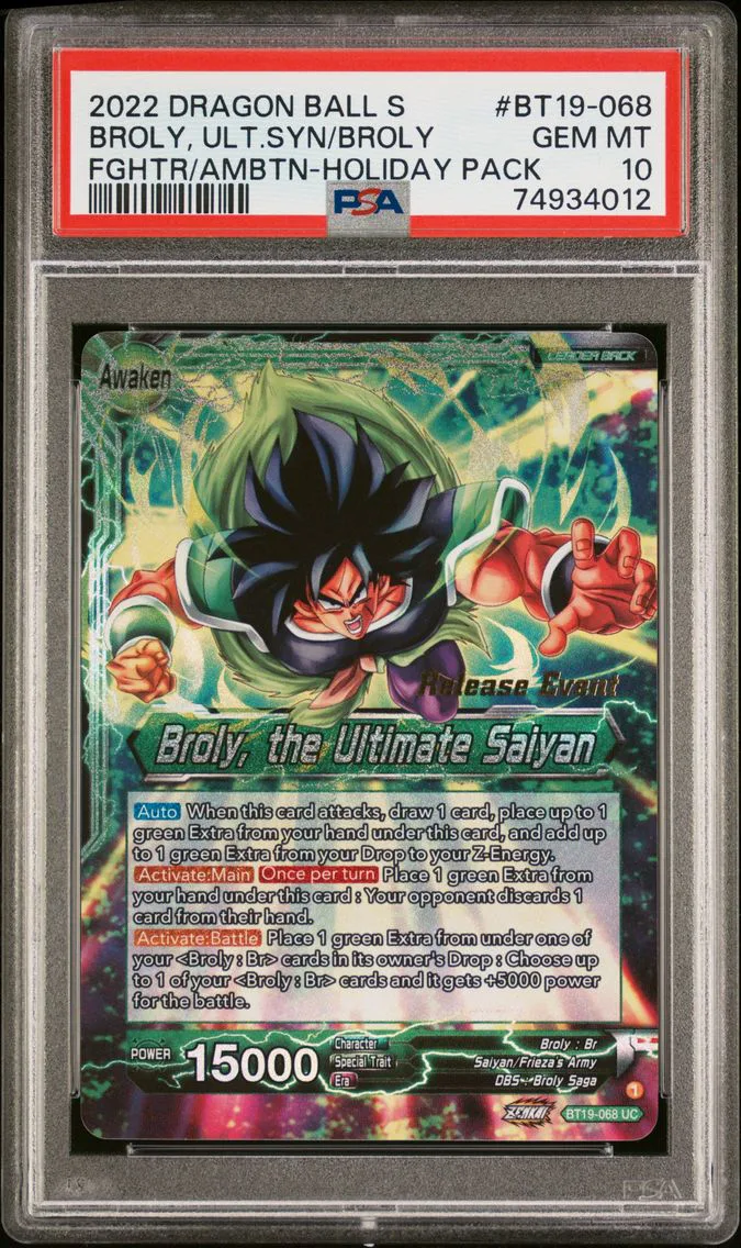 2022 #BT19-068 Broly/Broly, the Ultimate Saiyan PSA 10 Dragon Ball Super Card Game Series 19 Fighter's Ambition Holiday Pack
