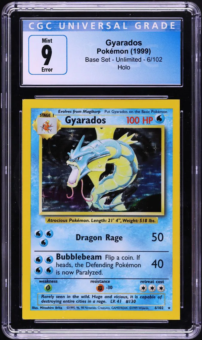 1999 #6 Gyarados Error Square Cut CGC 9 Pokemon Base Set Holo